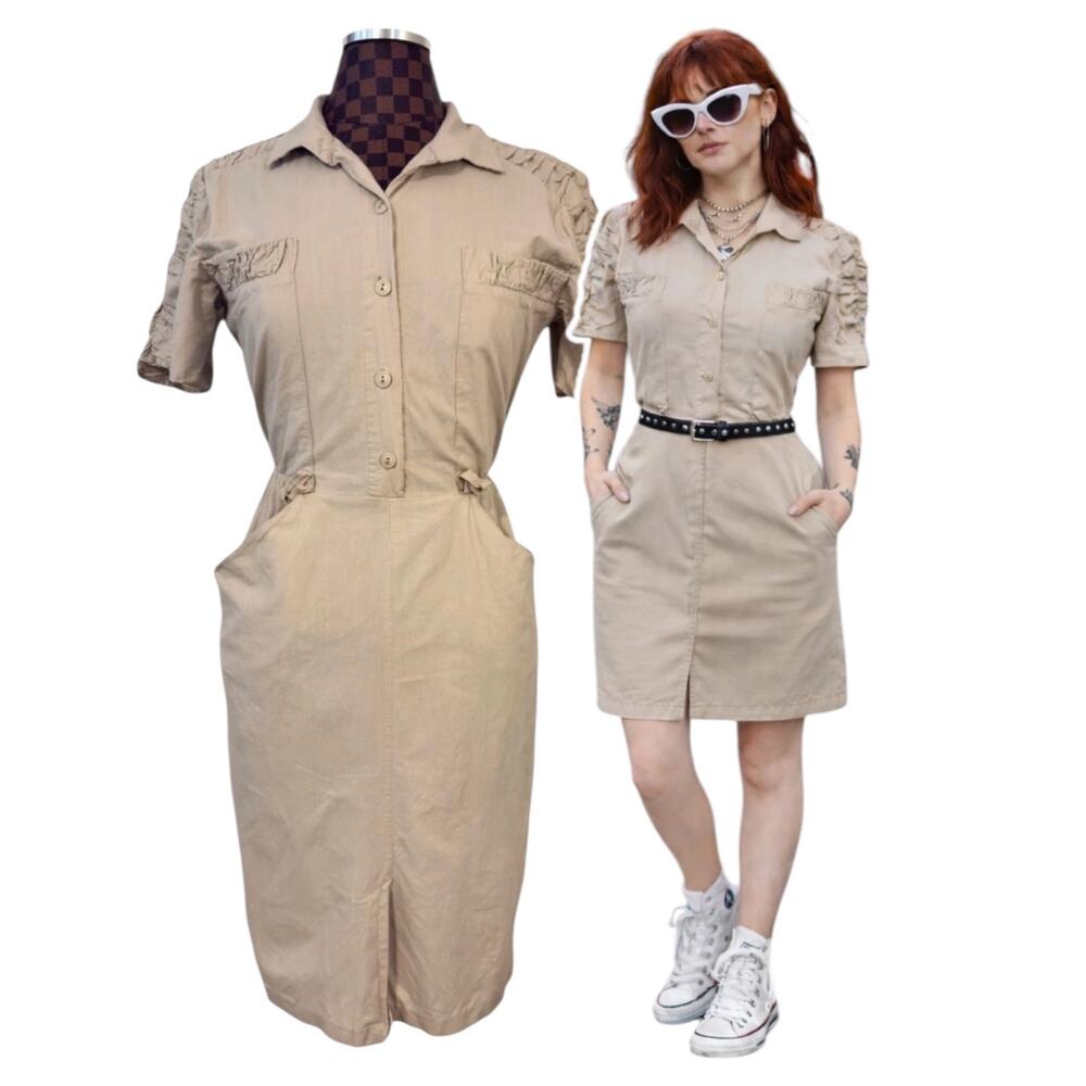 Khaki Cotton Utility Safari Shirt Dress 9/10 Pockets Vintage 80s Wild Dress